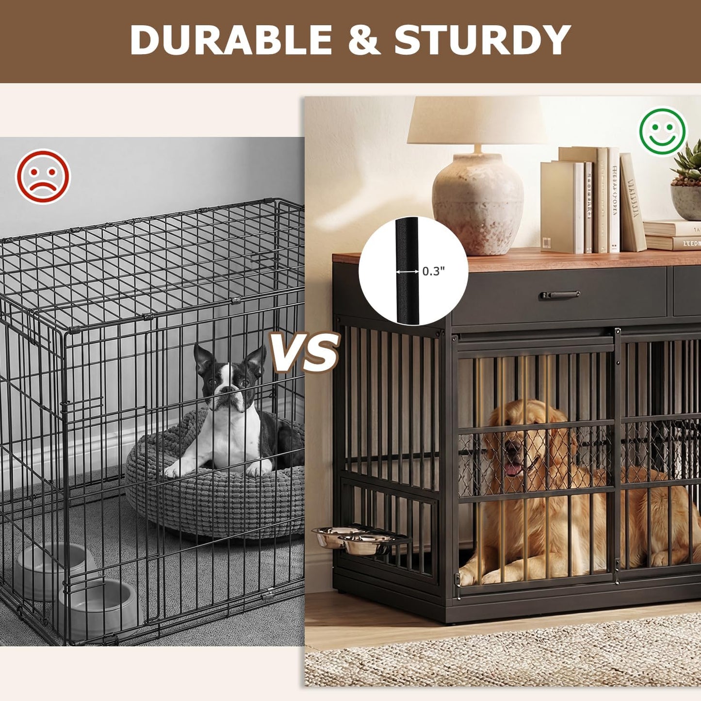 78.7" Extra Large Dog Crate Furniture, Double Dog Kennel with 3 Storage Drawers for 1 or 2 Dogs Heavy Duty Dog Cage as TV Stand with Removable Divider&360°Rotating Steel Bowls for Large Dogs