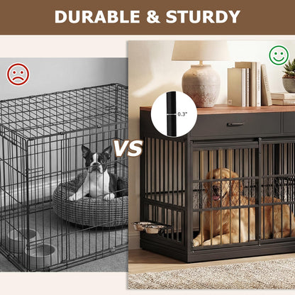 78.7" Extra Large Dog Crate Furniture, Double Dog Kennel with 3 Storage Drawers for 1 or 2 Dogs Heavy Duty Dog Cage as TV Stand with Removable Divider&360°Rotating Steel Bowls for Large Dogs