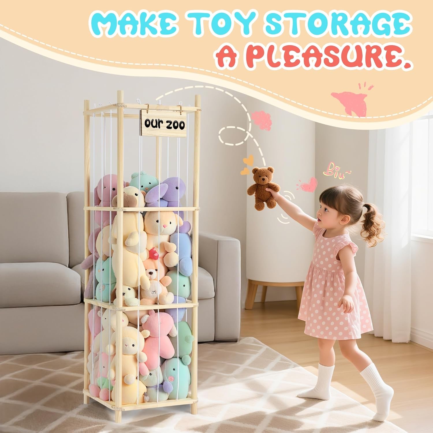 Stuffed Animal Storage, Wooden Zoo Stuffed Animal Holder with Elastic Cords, Space save Toy Organizer, Extra Large Capacit Stuffed Animal Organizer for Playroom, Bedroom, Nursery