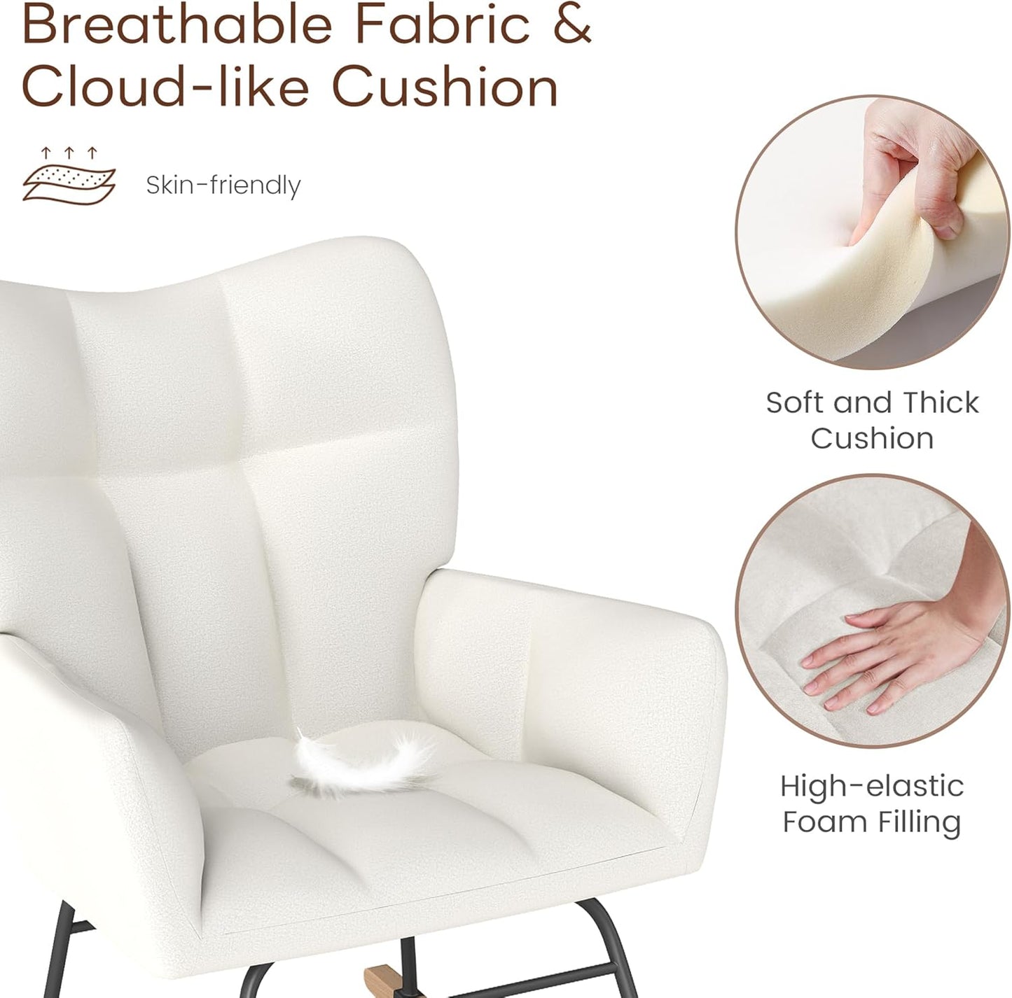 Nursery Rocking Chair, Rocking Chairs for Nursery, Baby Rocker Chair, Glider Rocker, Anti-Tip Safety Design, 440 Lb Weight Capacity, Cotton Fabric Cover, White