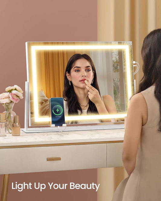 Vanity Makeup Mirror with Lights, Touch Control, Angle-Adjustable, Charging Ports, Detachable 10X Magnifying Mirror, 3 Color Temperatures, Dimmable, Phone Holder, Matte White ULWM002W01V1