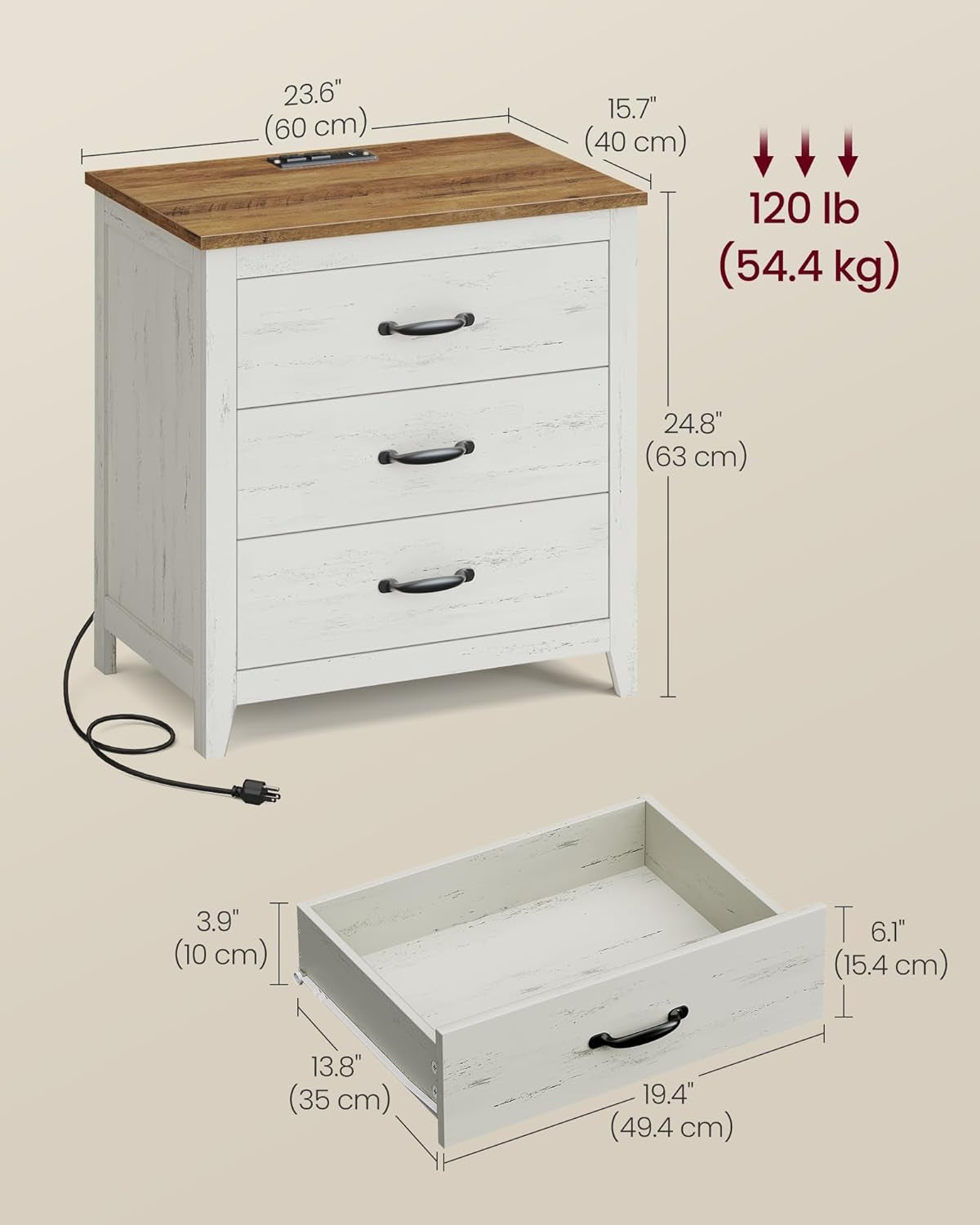 LIRY Collection - Farmhouse Nightstand with Charging Station, Bedside Table, Side End Table with 3 Drawers, for Bedroom, Rustic White and Honey Brown ULET679W01