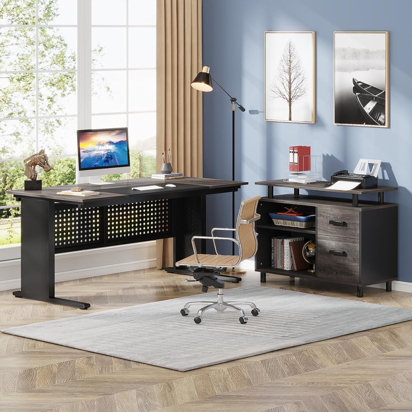 63 Inch Executive Desk with File Cabinet, L Shaped Office Desk with Drawers and Storage Shelves, Business Furniture Set Workstation for Home Office, Gray and Black