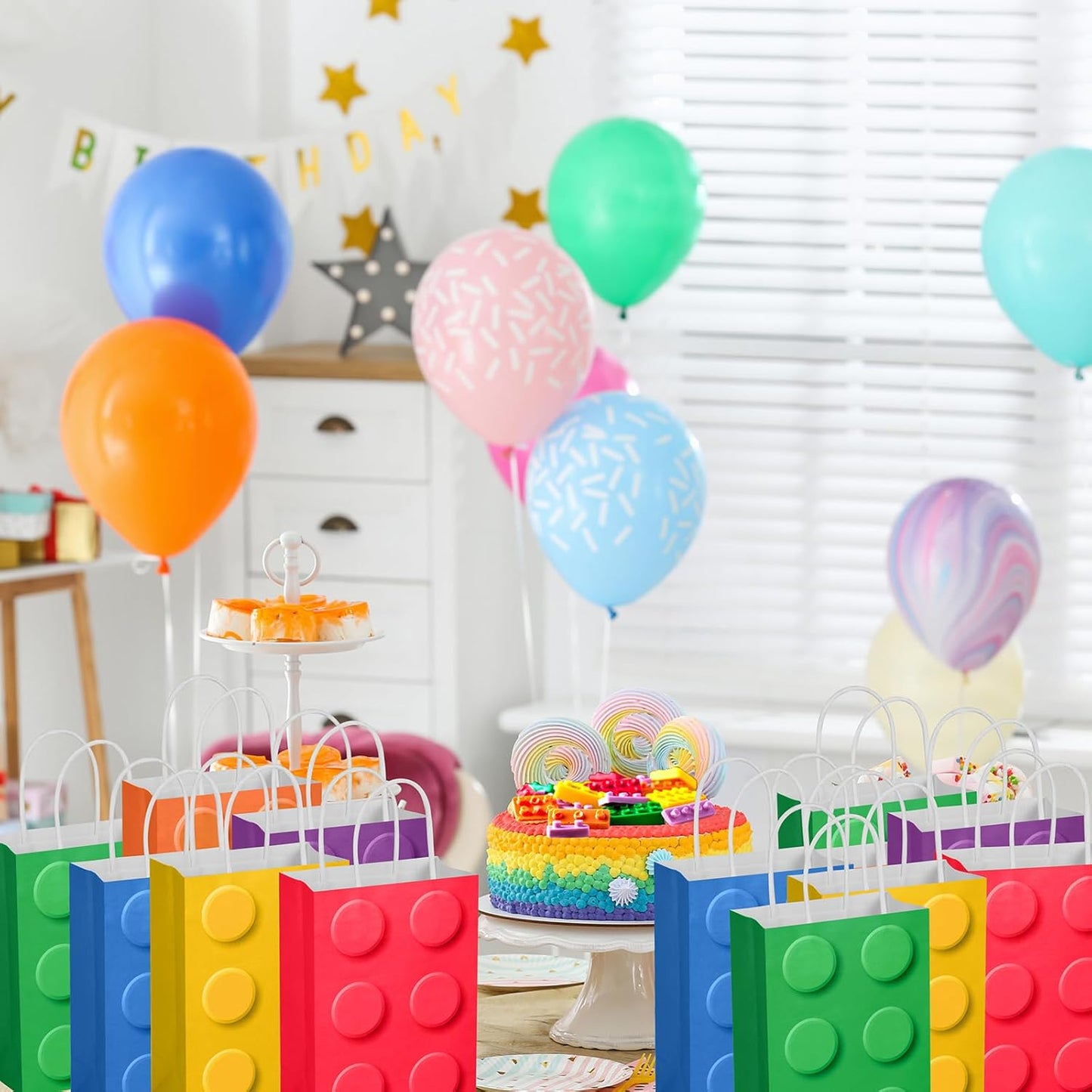 24 PCS Building Block Party-Favor-Gift-Bags, Small Gift Bags with Handles, for Building Block Birthday Party Shower Decoration Supplies
