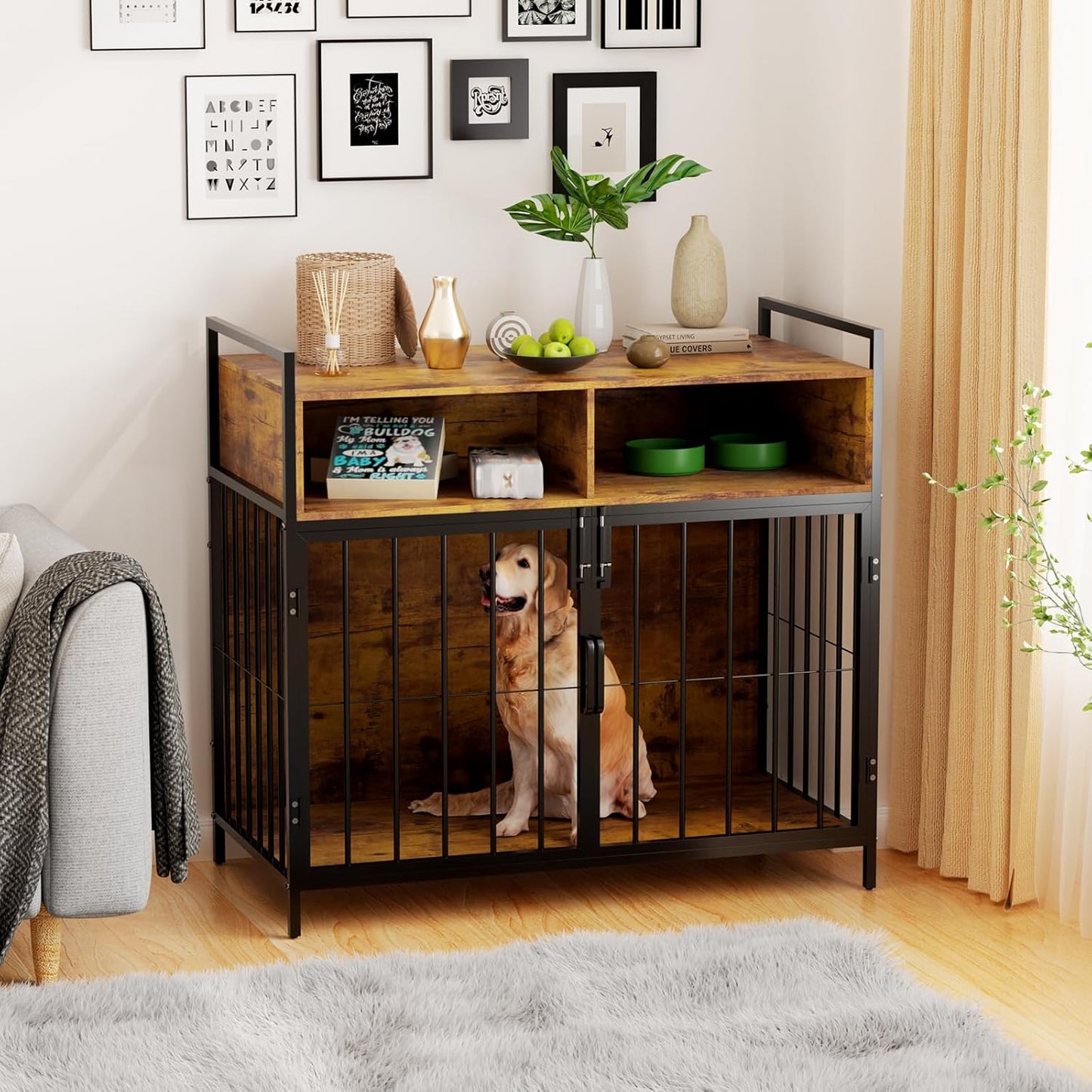 40/32 Inches Furniture-Style Cages,Large Medium Dog Kennels Indoor,Wood Dog Crate Table with Drawers Storage(Rustic Brown)