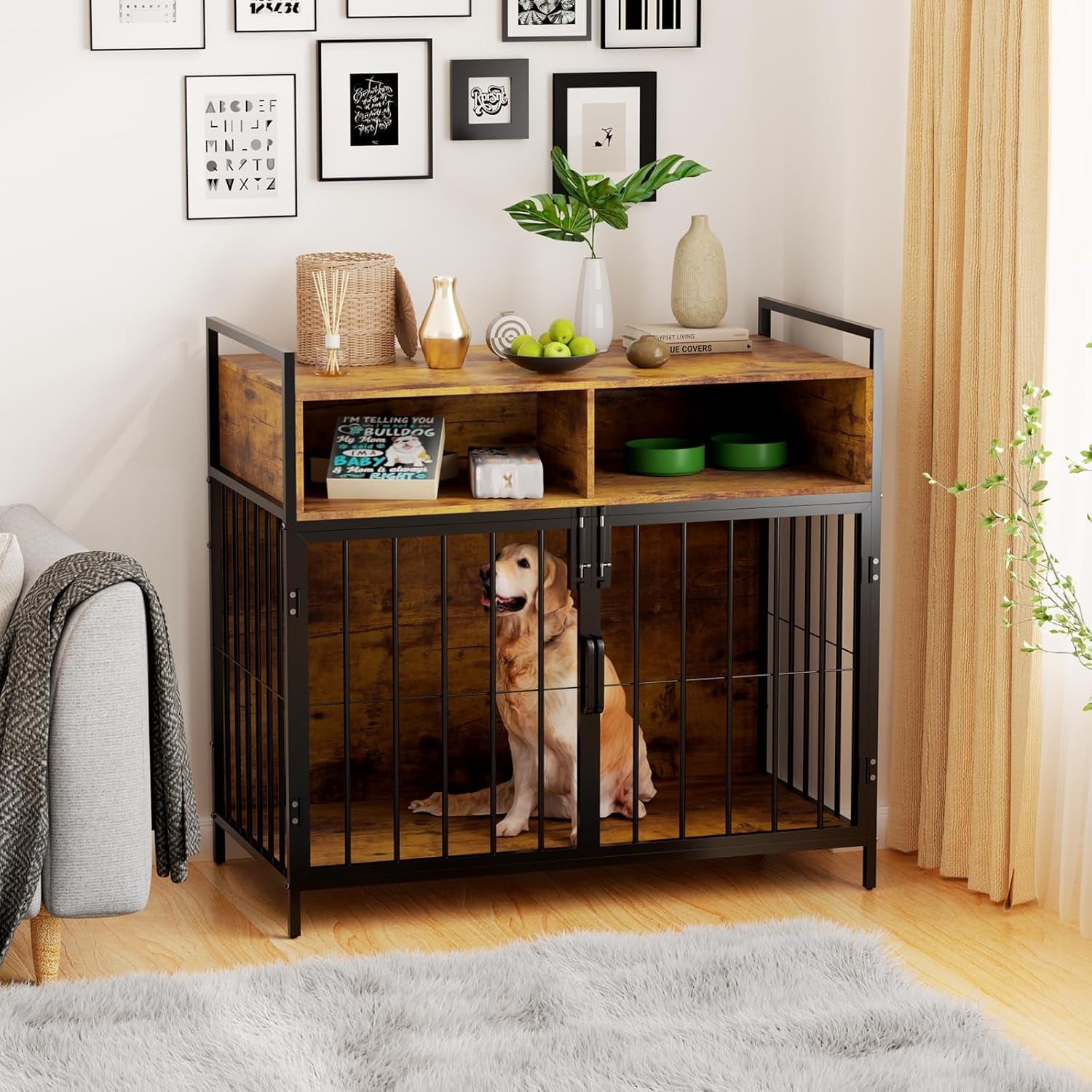 32/40 Inches Furniture Style Dog Crate for Medium Small Dog,Indoor Dog Kennels with Drawers Storage(Rustic Brown)