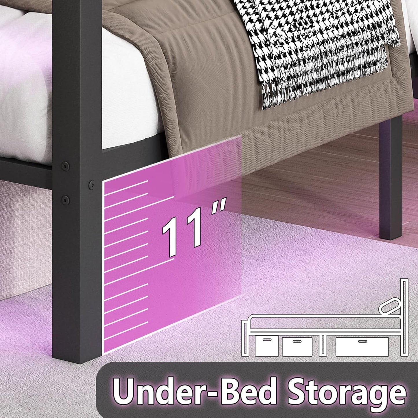 Full Size Bed Frame with Headboard and Footboard,Steel Slats Support-Led Bed Frame with USB Charging Station,Mattress Foundation-Under Bed Storage, No Box Spring Needed,Noise Free,Black