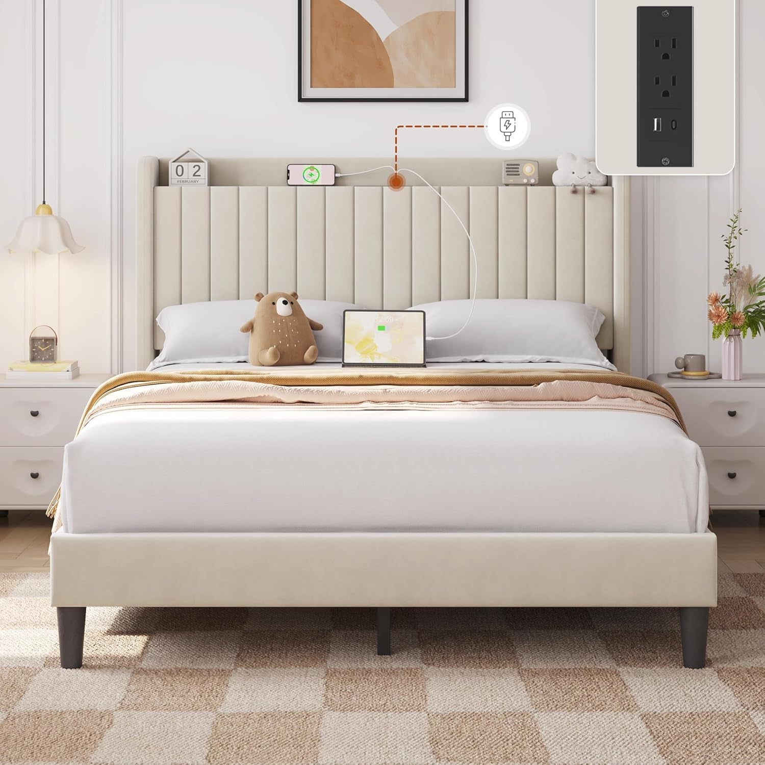 Queen Bed Frame with USB Charging Station and Storage Shelf/Upholstered Headboard Platform Bed with Wing Side/Wooden Slats Support/Noise Free/No Box Spring Needed/Easy Assembly, Beige