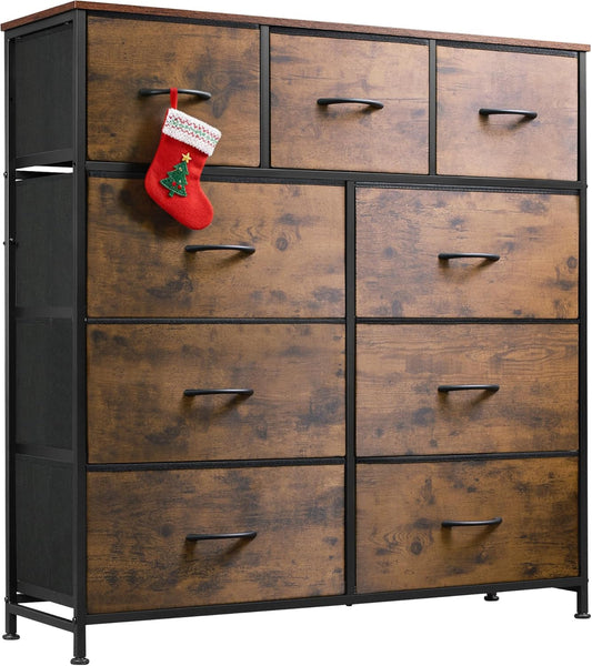9-Drawer Dresser, Fabric Storage Tower for Bedroom, Hallway, Entryway, Closet, Tall Chest Organizer Unit with Fabric Bins, Steel Frame, Wood Top, Easy Pull Handle, Rustic Brown Wood Grain Print