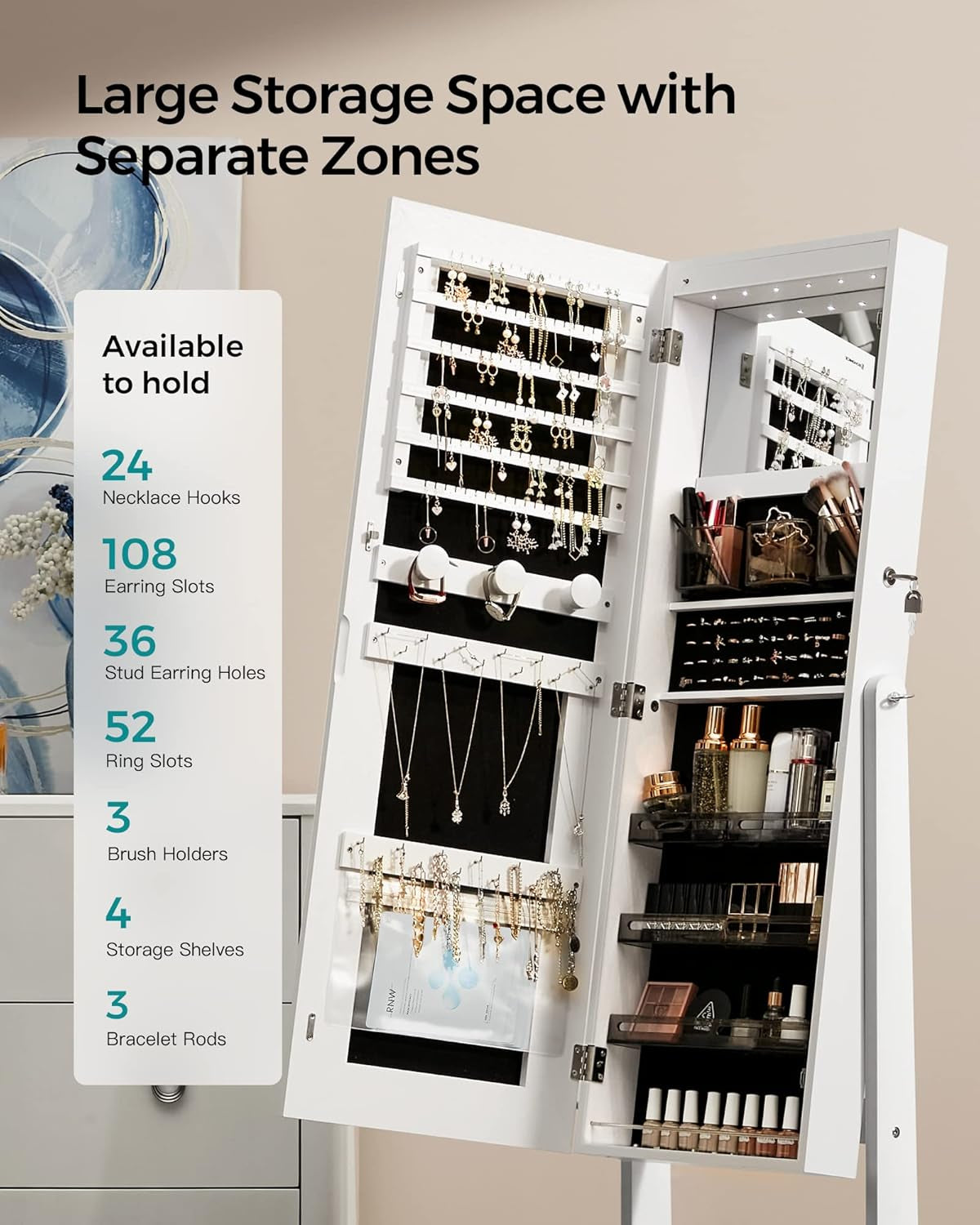 LED Mirror Jewelry Cabinet, Adjustable Brightness and 3 Shades of Light, Standing Jewelry Armoire with Full-Length Mirror, Jewelry Organizer with Built-In Mirror and Lights, White UJJC016W01