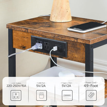 Side Table with Charging Station and USB Port, Small End Table for Small Space, 3-Tier Nightstand with Adjustable Shelf, for Living Room, Bedroom and Balcony, Rustic Brown BF112BZ01