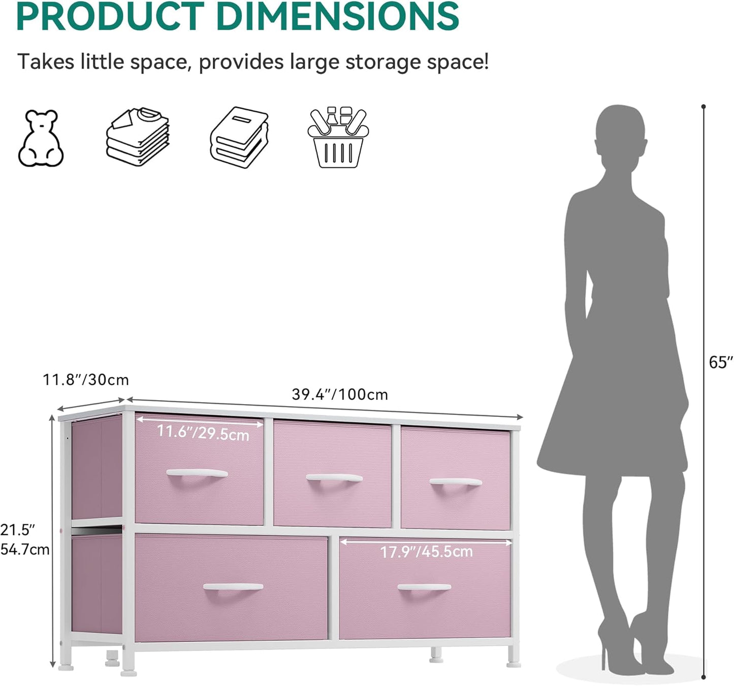 Wide Storage Tower with 5 Drawers - Fabric Dresser, Organizer Unit for Bedroom, Living Room, Closets & Nursery - Sturdy Steel Frame, Easy Pull Fabric Bins & Wooden Top (Pink)