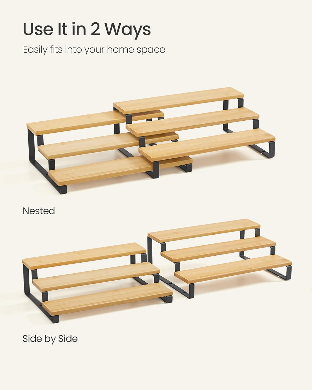 Display Risers, Set of 2 Engineered Wood Perfume Organizer Stand, 3-Tier Cupcake Stand Holder, Spice Rack, Shelf Risers for Figures, Dessert Shelves, Natural Beige and Ink Black UKCS016N01