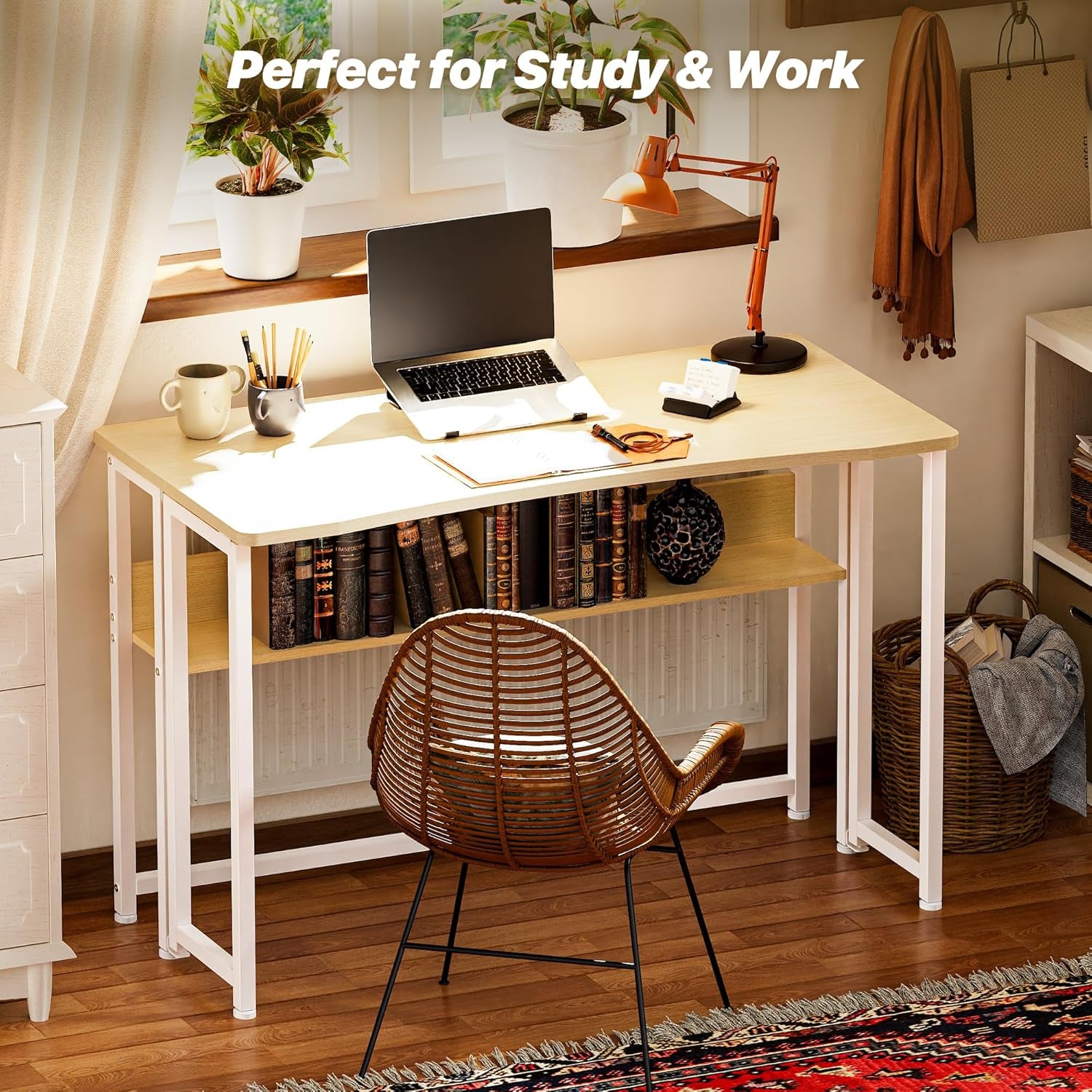 Folding Desk with Storage Shelf, 39.3 Inch Foldable Computer Table for Small Spaces, Space Saving Sofa Table for Couch, Writing Work Office Computer Desk, Easy to Fold, Oak