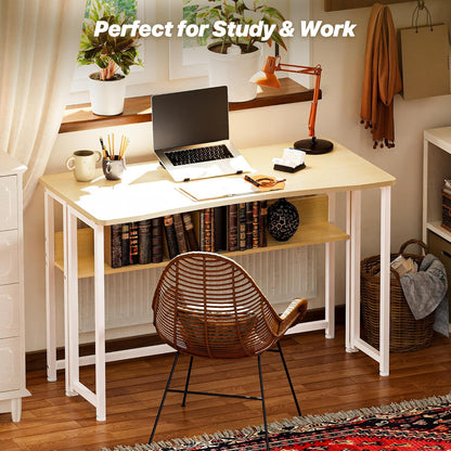 Folding Desk with Storage Shelf, 39.3 Inch Foldable Computer Table for Small Spaces, Space Saving Sofa Table for Couch, Writing Work Office Computer Desk, Easy to Fold, Oak