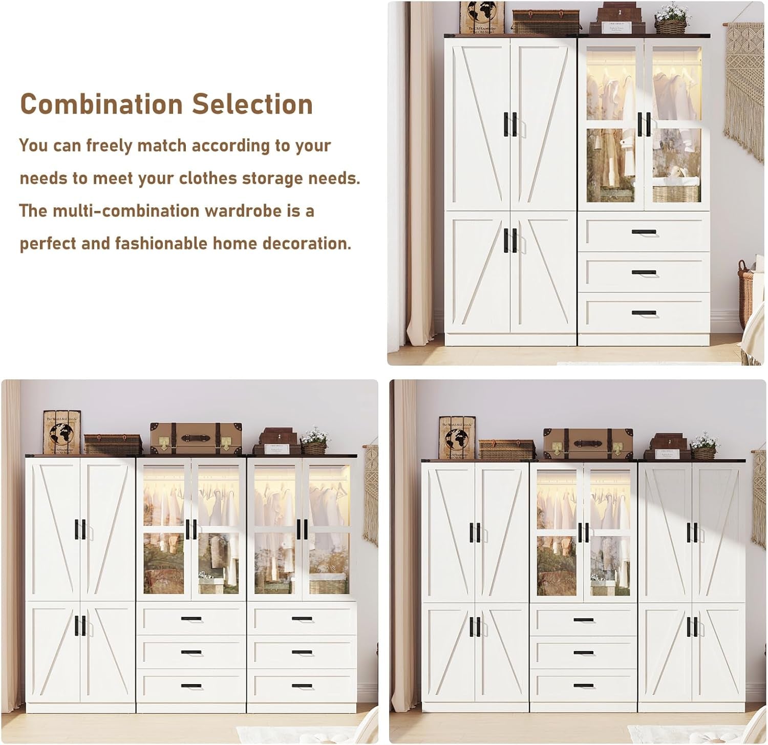 75" Tall Farmhouse 2 Doors Armoire Wardrobe Closet with 3 Drawers and Led,Freestanding Closet Wardrobe Cabinet for Bedroom with Hanging Rod,Wooden Armoire Storage Cabinet Adjustable(Rustic off White)