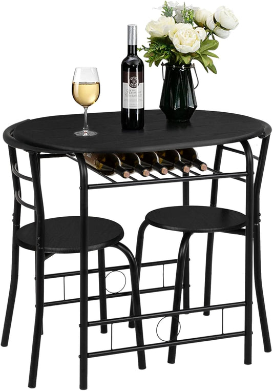 3 Piece Dining Set,Small Kitchen Table Set for 2,Breakfast Table Set,Kitchen Wooden Table and 2 Chairs for Small Space/Dining Room/Apartment,Metal Frame,Wine Rack,Black