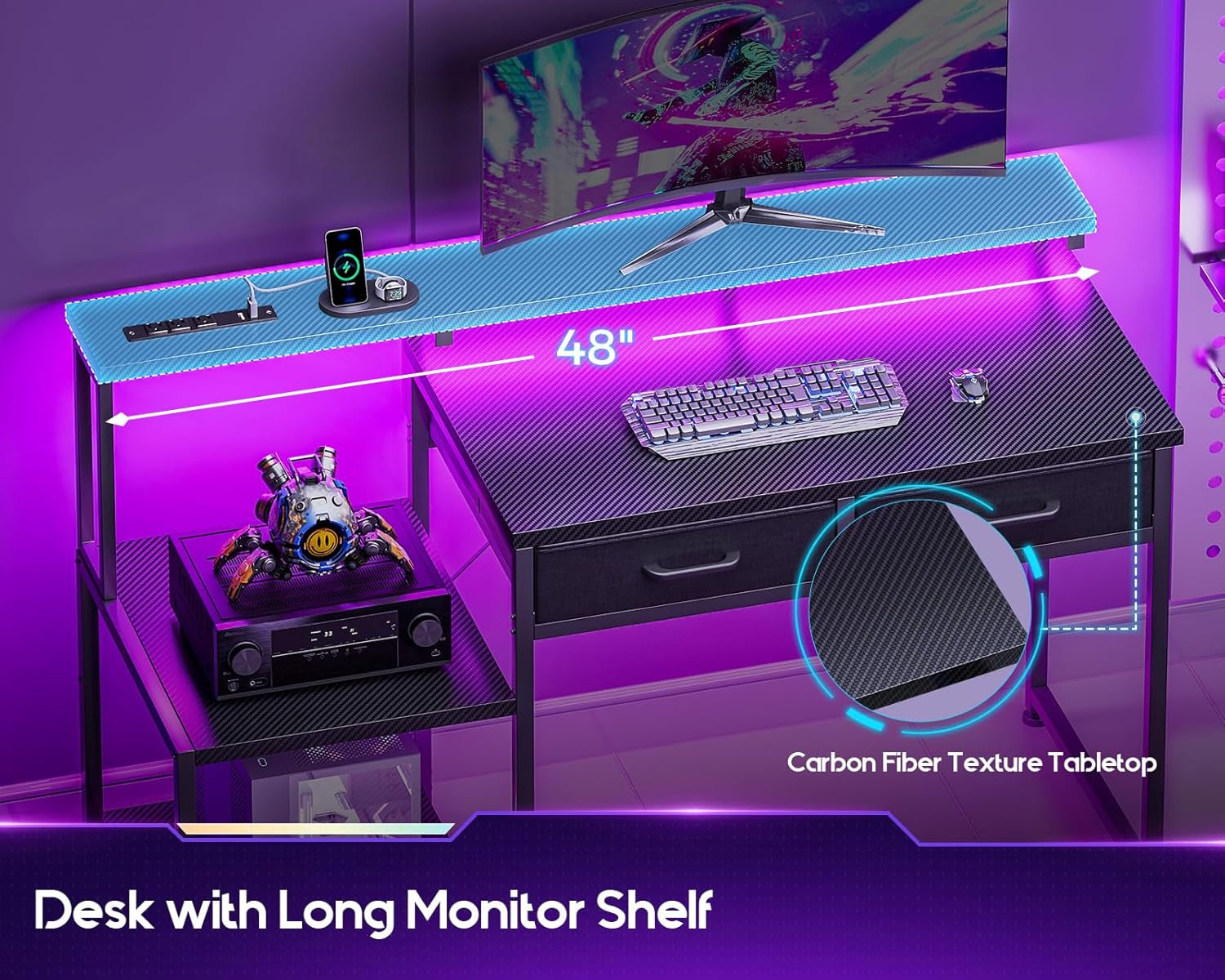 Gaming Desk with Led Lights & Power Outlet, 48 Inch Computer Desk with Drawers, Office Desk with Large Display Storage Shelves, Reversible Desk with Monitor Stand for Home, Carbon Fiber Black