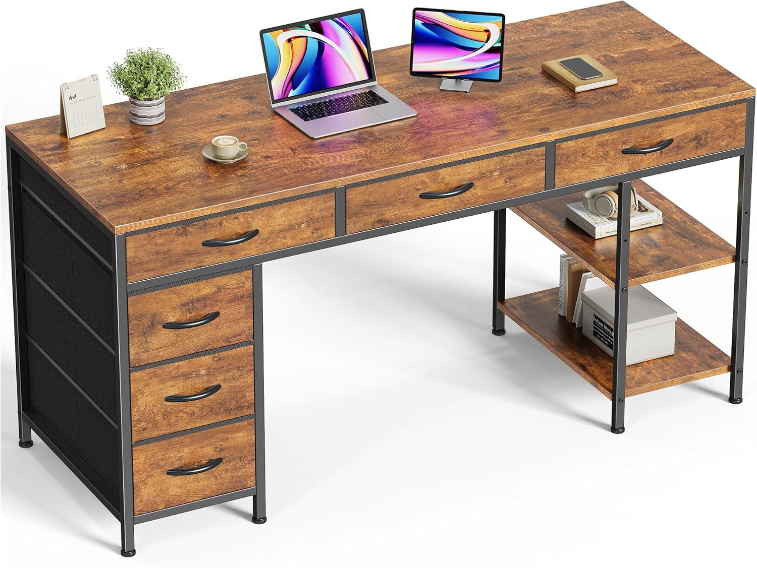 Computer Desk with 6 Drawers, 54 Inch Office Desk with Shelves, Reversible Gaming Desk, Corner Desk with Storage, Work for Home Office, Study, Living Room, Rustic Brown