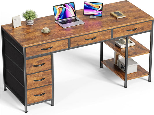 Computer Desk with 6 Drawers, 54 Inch Office Desk with Shelves, Reversible Gaming Desk, Corner Desk with Storage, Work for Home Office, Study, Living Room, Rustic Brown