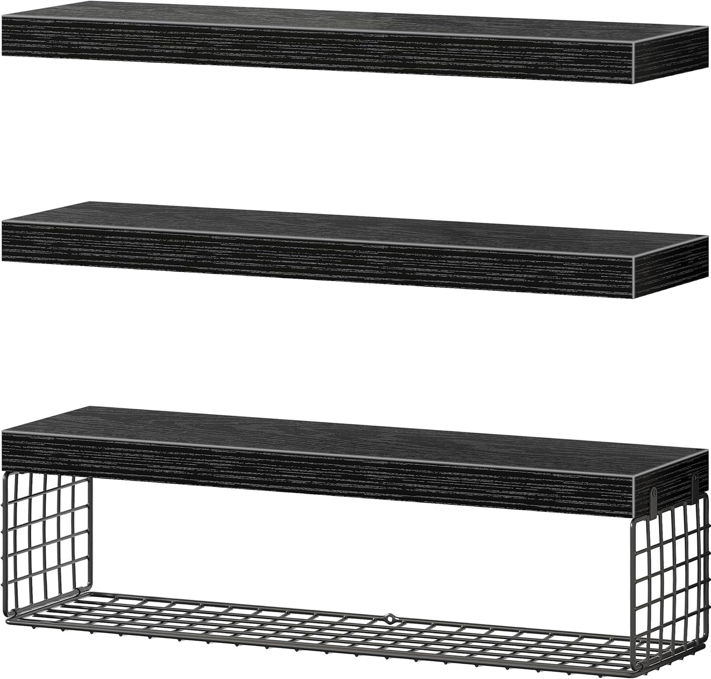 Bathroom Shelves 24 Inches Long - Floating Shelf for Wall over Toilet Paper Storage Basket Farmhouse Set of 3, Black (019-60B3)
