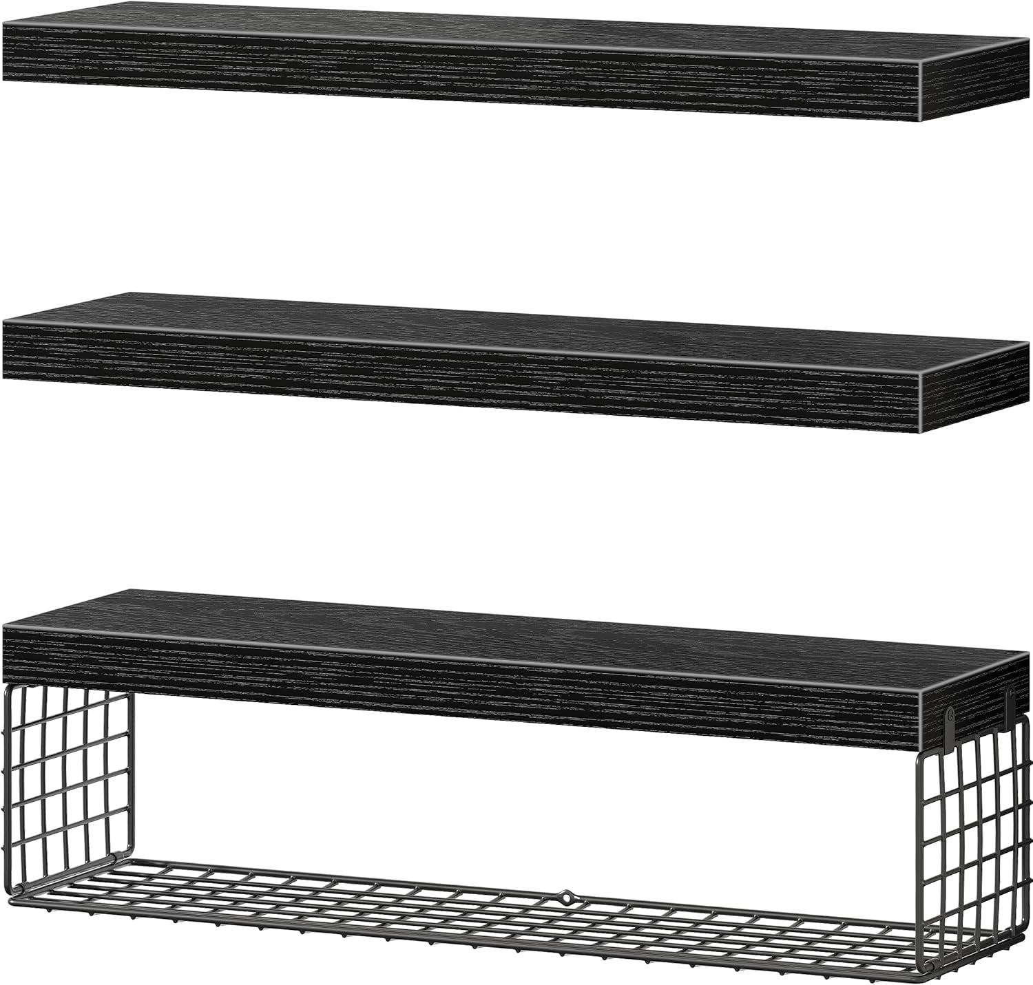 Bathroom Shelves 24 Inches Long - Floating Shelf for Wall over Toilet Paper Storage Basket Farmhouse Set of 3, Black (019-60B3)