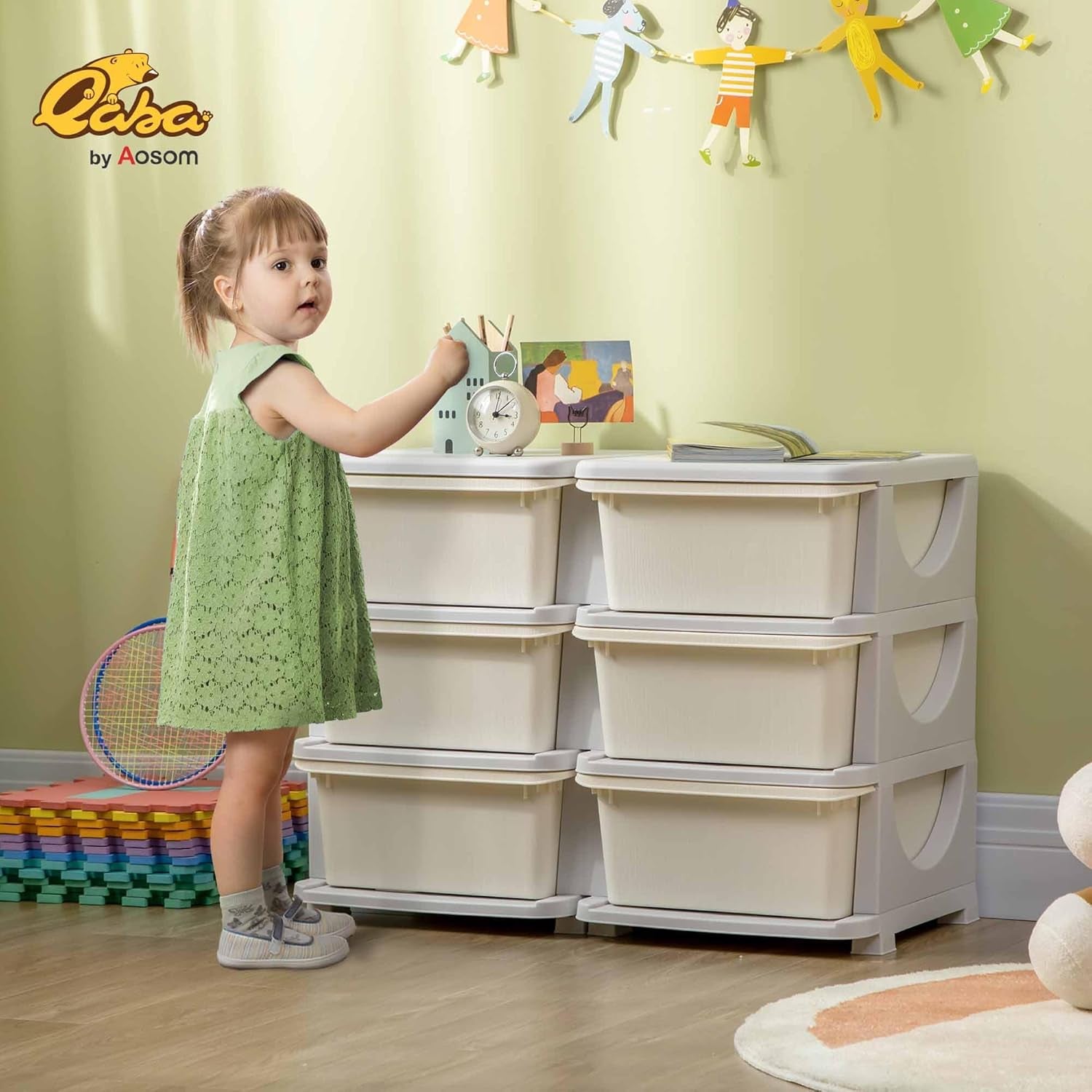 3 Tier Kids Storage Unit, Toy Organizers and Storage with 6 Drawer Chest for Kids Bedroom Nursery Kindergarten Living Room for Boys Girls Toddlers, Cream White