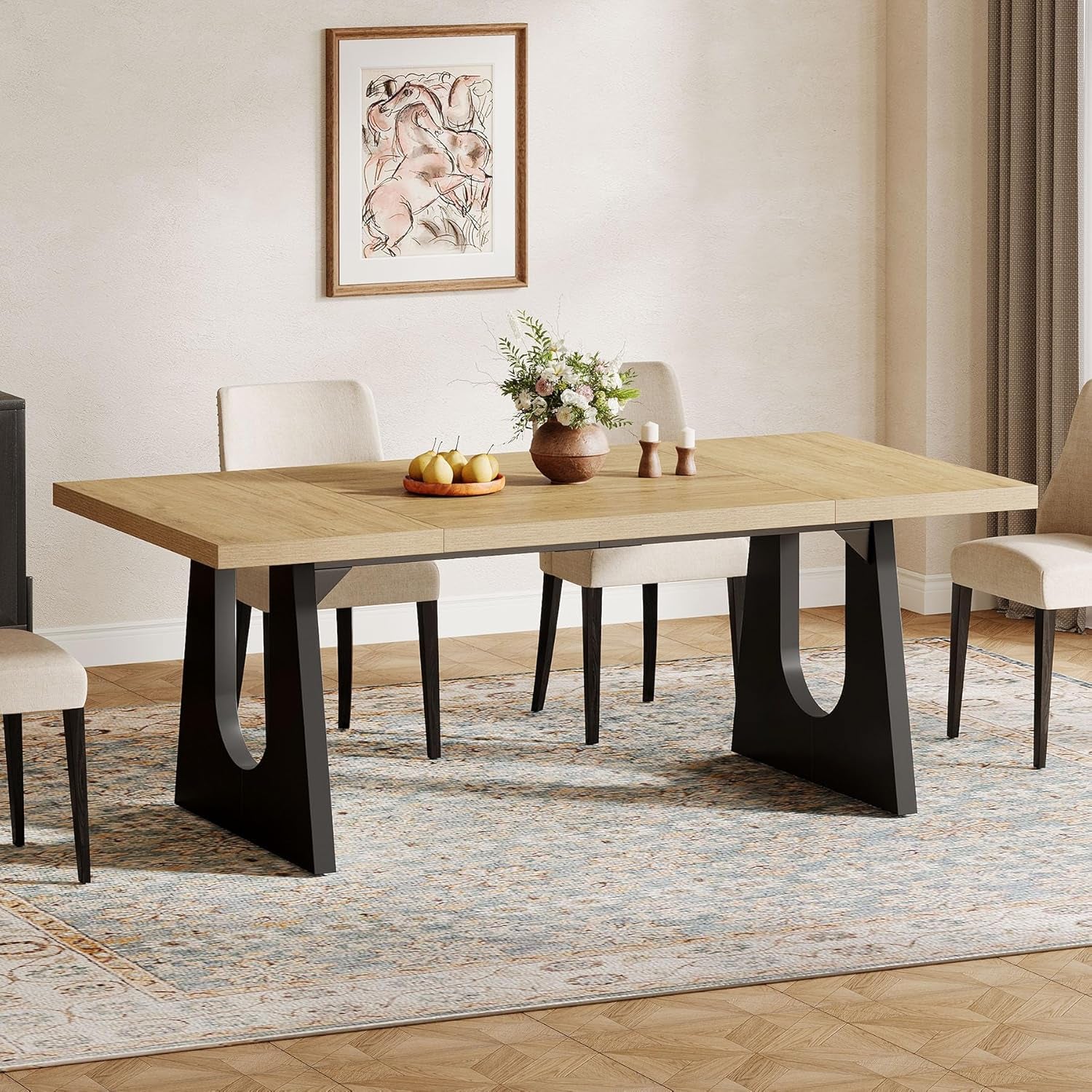 Large Dining Table for 6-8 People, 70.9-Inch Wood Rustic Rectangular Table with Black Wooden Legs, Farmhouse Center Kitchen Table for Dining Room, Living Room, Home Furniture, Oak and Black