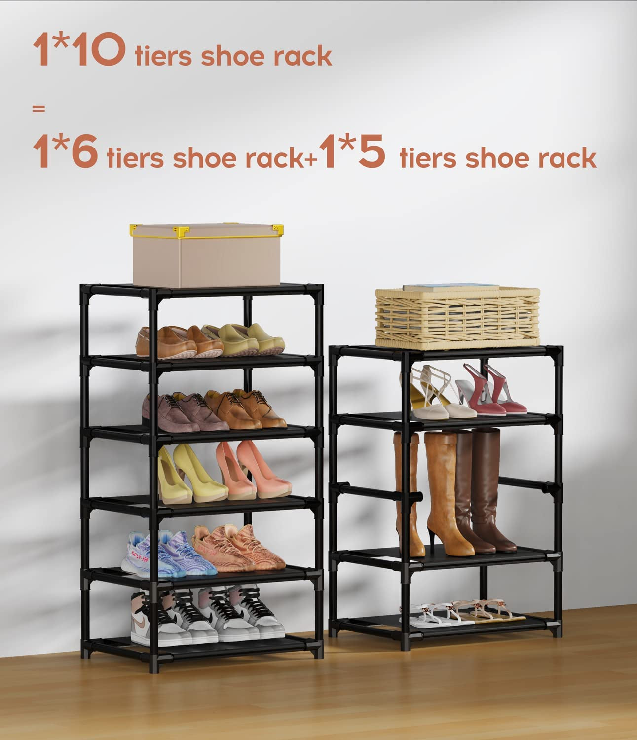 Vertical Narrow Shoe Rack Organizer 10 Tier Tall Shoe Shelf Holds 20-22 Pairs with Non-Woven Dustproof Cover for Closet, Entryway Black