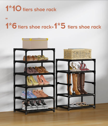 Vertical Narrow Shoe Rack Organizer 10 Tier Tall Shoe Shelf Holds 20-22 Pairs with Non-Woven Dustproof Cover for Closet, Entryway Black