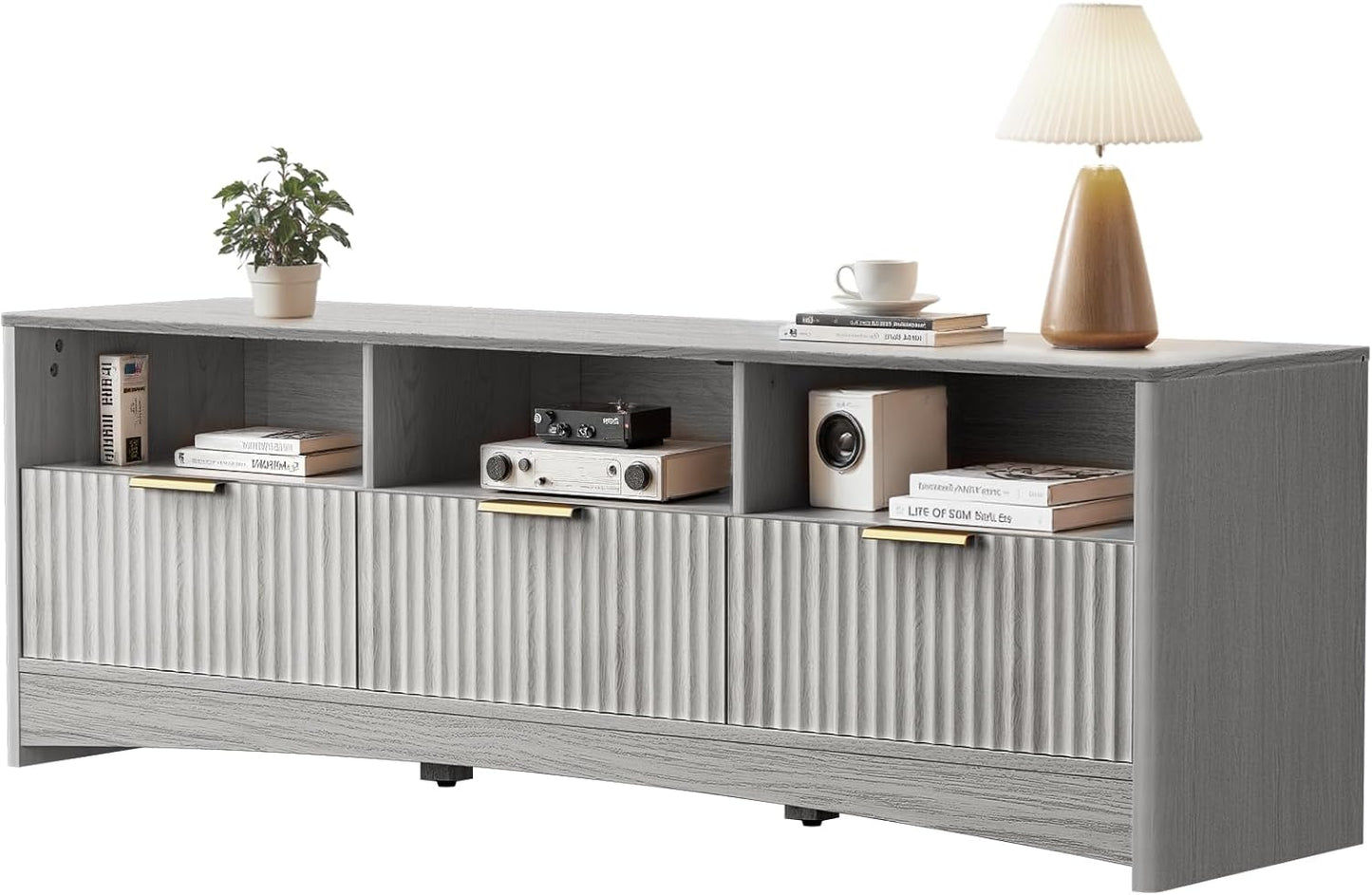 59″ Wide TV Stand for Tvs up to 65″, Modern Entertainment Center with Fluted Panels, 3 Easy-Sliding Drawers, Open Shelves & Cable Hole, Sturdy 3-Tier TV Stands for Living Room & Bedroom, Grey