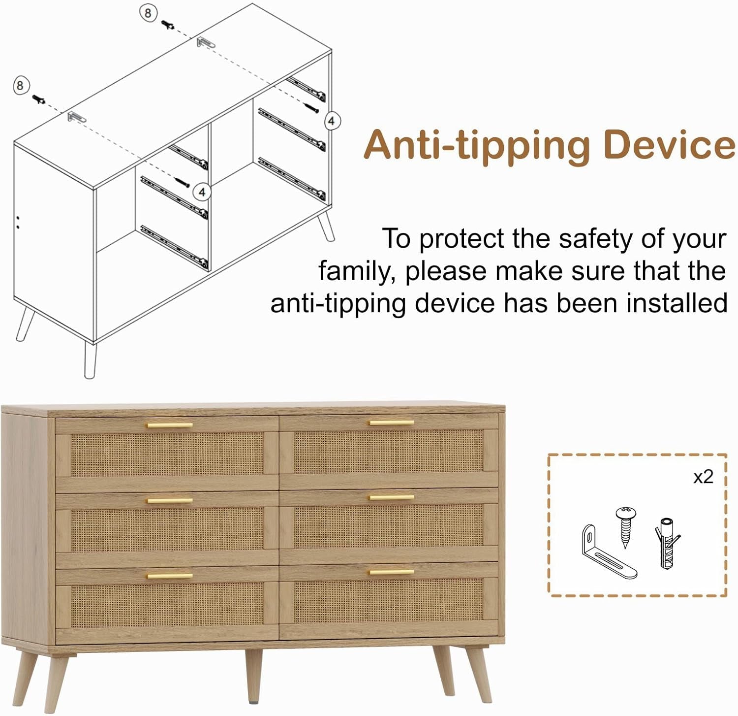 6 Drawer Double Dresser for Bedroom, Rattan Chest of Dressers, Modern Wooden Dresser Chest with Golden Handles, beside Table for Closet, Living Room and Entryway, Natural