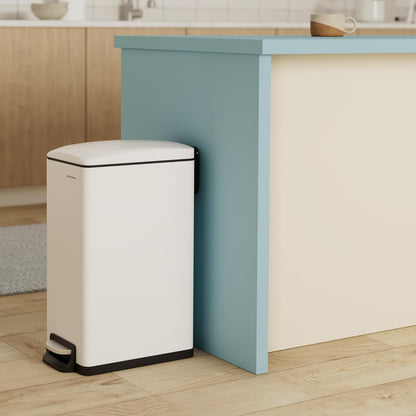 Slim Trash Can, 13-Gallon (50 L) Garbage Can for Narrow Spaces with Soft-Close Lid, Inner Bucket, and Step-On Pedal, Stainless Steel, 15 Trash Bags Included, White ULTB510W48