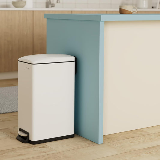 Slim Trash Can, 13-Gallon (50 L) Garbage Can for Narrow Spaces with Soft-Close Lid, Inner Bucket, and Step-On Pedal, Stainless Steel, 15 Trash Bags Included, White ULTB510W48