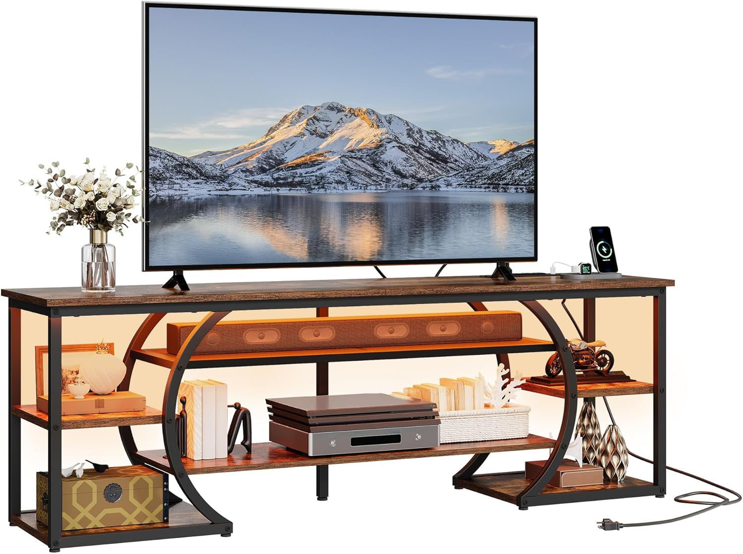 TV Stands for Living Room, LED Entertainment Center with Storage, TV Stand for 70 Inch TV,TV Console Cabinet with Power Outlets, Rustic Brown