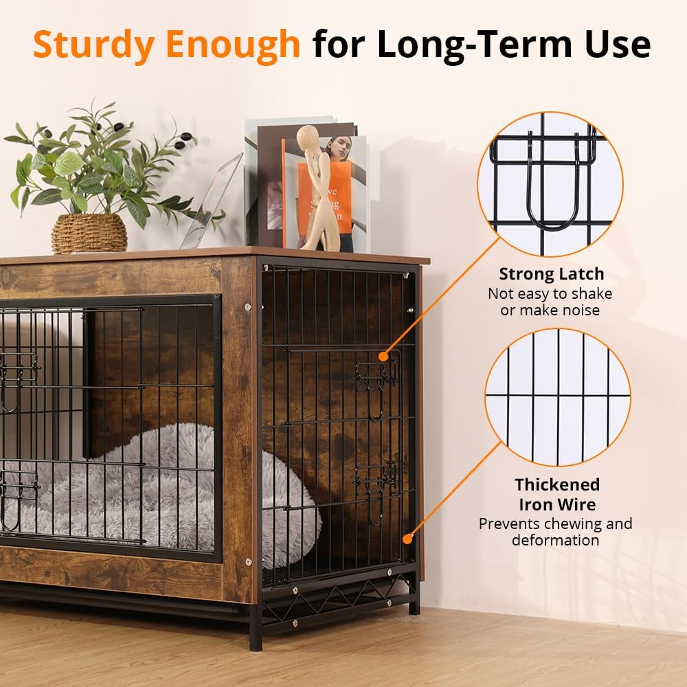 Dog Crate Furniture, Dog Kennel Furniture with Double Door, 32.5" Dog Crates for Medium Dogs with Removable Tray, Light Brown