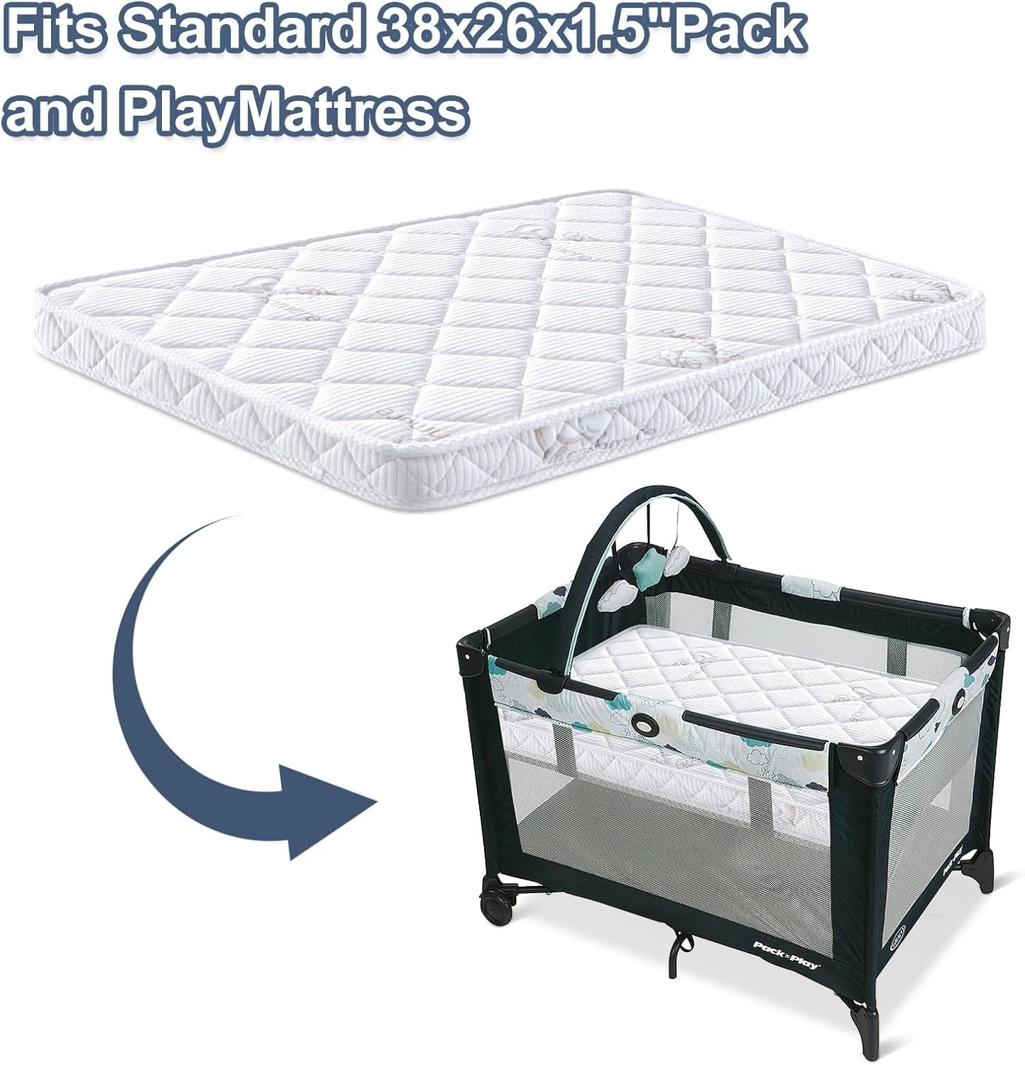 Pack and Play Mattress - 38" X 26"- Premium Knitted Fabric Safety Reinforced Play Yard Mattress - Fits for Graco & Baby Trend & Pamo Babe Playard, Firm Support and Comfort Foam，White