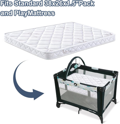Pack and Play Mattress - 38" X 26"- Premium Knitted Fabric Safety Reinforced Play Yard Mattress - Fits for Graco & Baby Trend & Pamo Babe Playard, Firm Support and Comfort Foam，White
