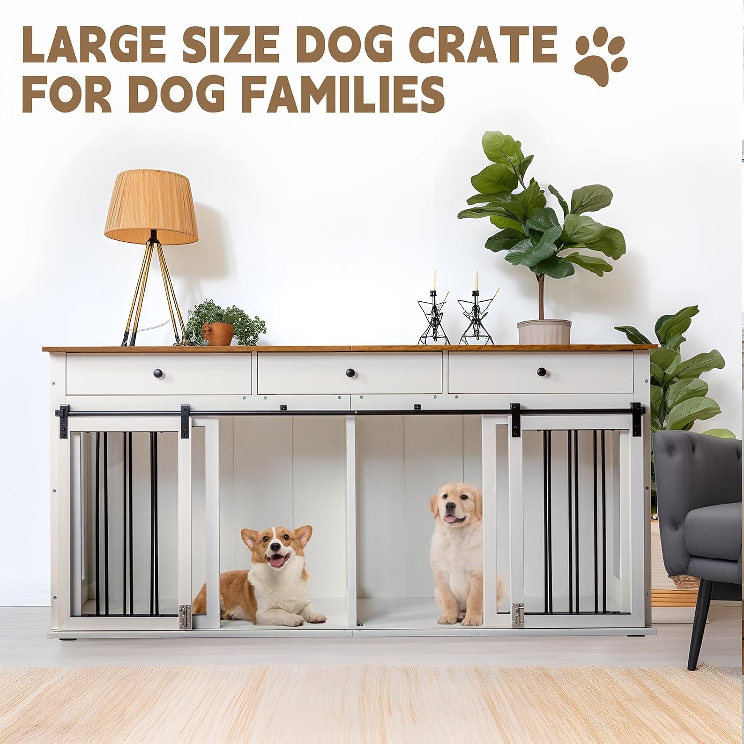 Dog Crate Furniture Large Breed Wooden Dog Kennel with Room Divider & 3 Drawer,Double Doors Heavy Duty Dog Crate End Table Indoor TV Stand for Small Medium Large Dog Black,72''W*24''D*35''H