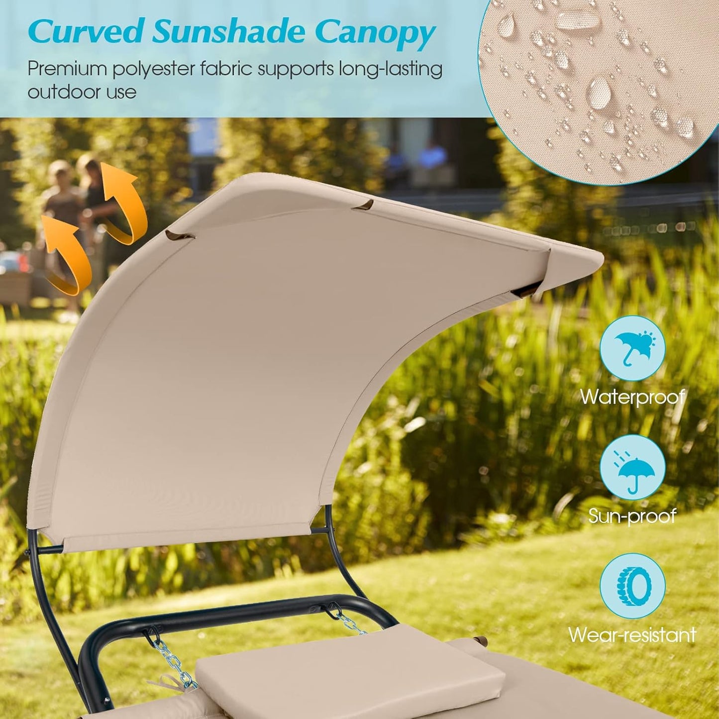 Hanging Hammock with Stand, Patio Hanging Chaise Lounge Chair W/Canopy, Cushion, Pillow & Storage Bag, Heavy Duty Swing Hammock Bed for Garden Lawn Backyard Patio Poolside Porch (Beige)