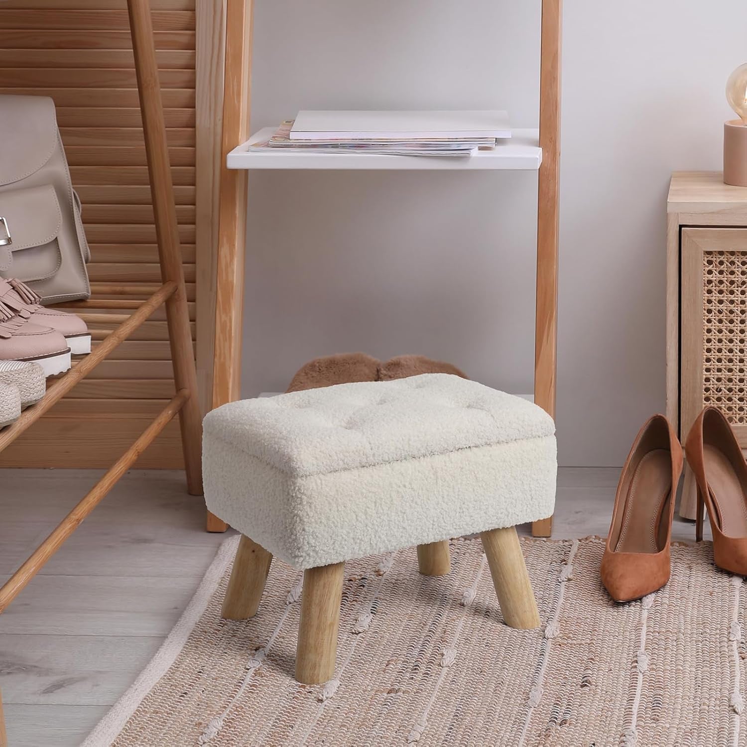 Storage Ottoman, Small Foot Stool Ottoman with Storage, Boucle Teddy Velvet Foot Rest with Padded Seat, Sturdy Wood Legs Stool for Living Room, Bedroom, Couch, Enterway (Cream)
