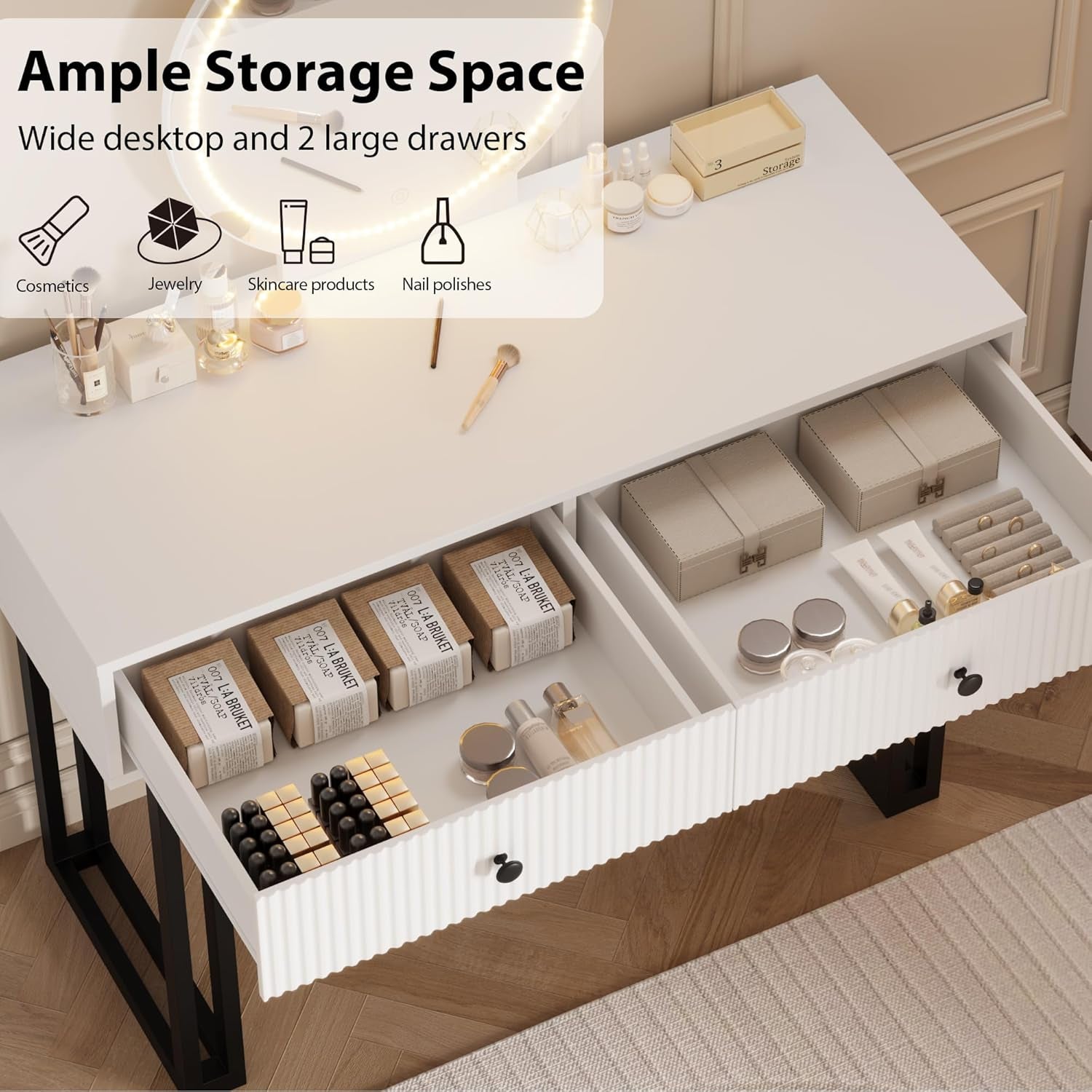 White Vanity Desk with Mirror and Lights, Small Makeup Vanity with 2 Drawers, Modern Vanity Organizer with 3 Color Lights＆Adjustable Brightness, Dressing Table for Bedroom