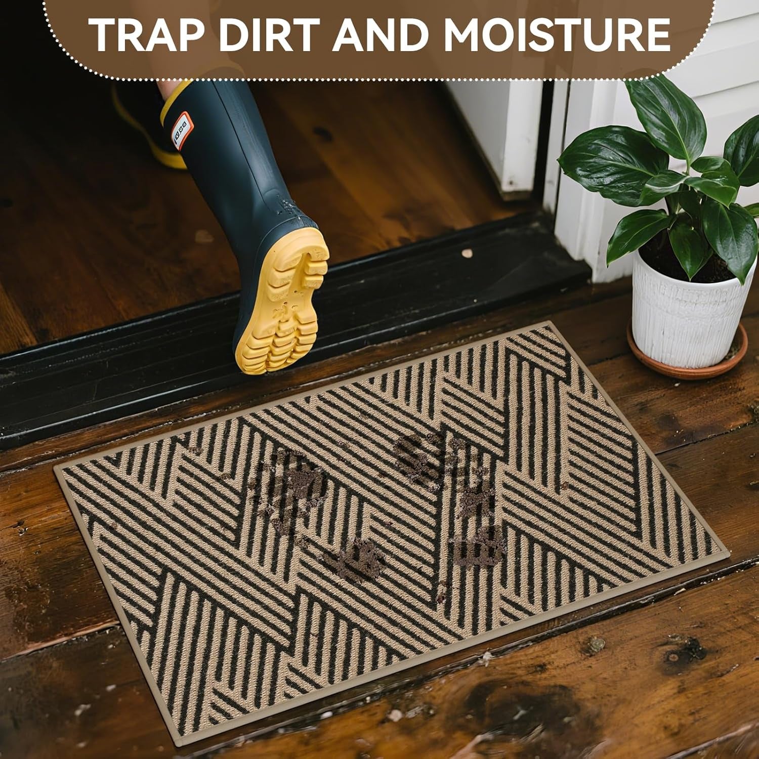 Front Door Mat outside Entrance, Non Slip Rubber Backing, Trap Dirt and Moisture, Easy Clean Low Profile Welcome Floor Mats for Patio Porch Indoor Outdoor Entry Mat, 17X30 Inch, Brown