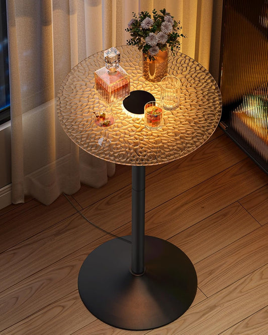 round Bar Table, 41.3 Inches Tall Cocktail Pub Table with Multi-Colored Lights and Glass Top, Large Steel Base, for Kitchen, Bistro, Parties, Cloud White and Ink Black