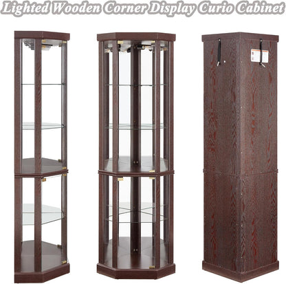 69" H Lighted Corner Curio Cabinet Display Case with Adjustable Shelves, Tempered Glass, Mirrored Back Panel for Living Room (Dark Cherry)