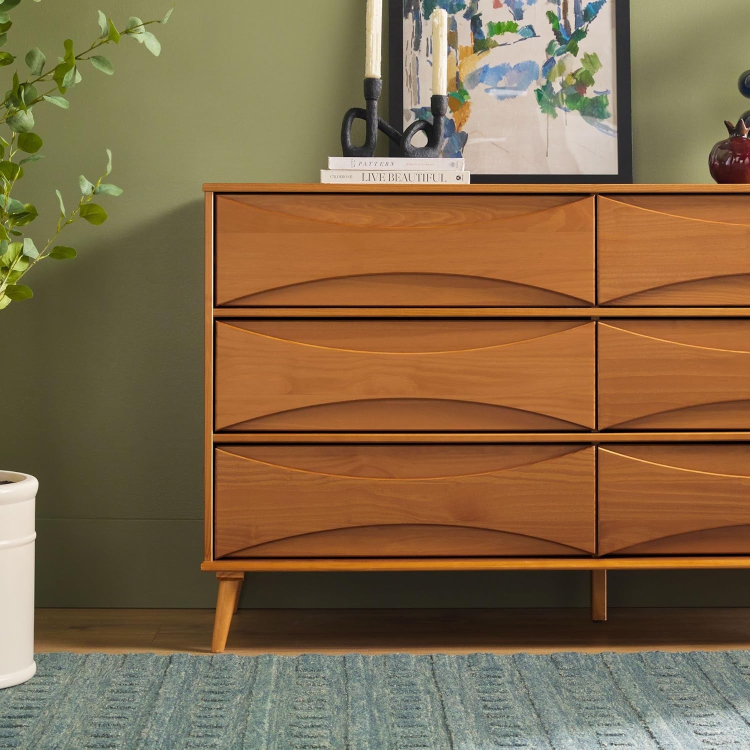 Atticus Mid-Century Modern Detailed-Drawer Solid Wood Dresser, 59 Inch, Caramel