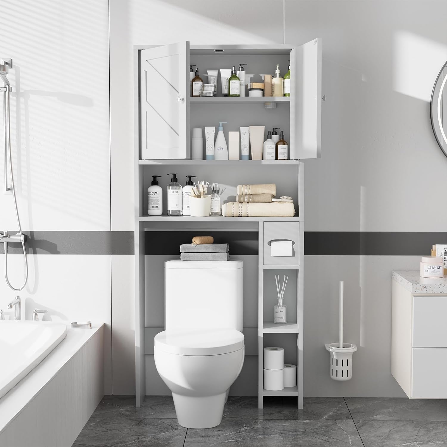 over Toilet Storage Cabinet with Toilet Paper Holder Stand, Freestanding Bathroom Storage Organizer Cabinet Space Saver W/Adjustable Shelf, White