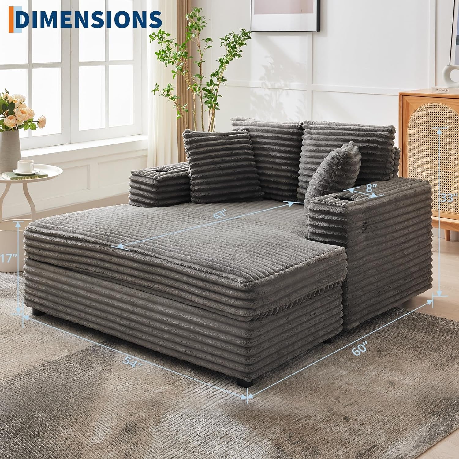 60-Inch Oversized Chaise Lounge Chair Indoor, Comfy Corduroy Lounge Sofa with Charging Station, Cup Holders & Throw Pillows, Cozy Sleeper Couch for Living Room Apartments, Grey