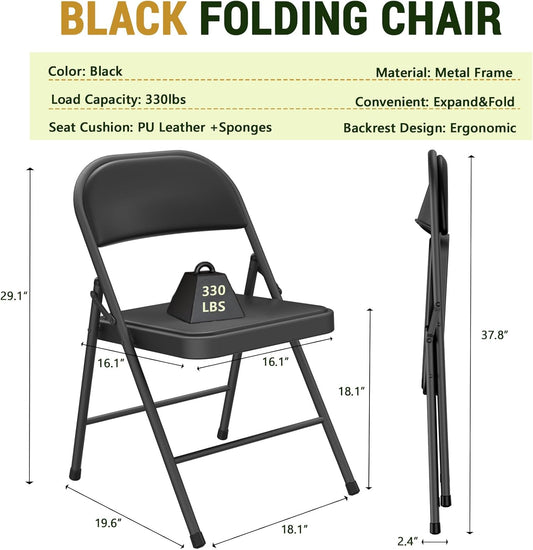 Folding Chair 4 Pack, Comfy PU Leather Padded Folding Chairs for outside and Indoor, Heavy Duty Portable Foldable Metal Commercial Seat for Home Office, Dorm, Party, Backyard, Lawn, Patio