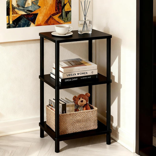 3 Tier Black Side Table ，Small End Table with Solid Wood Legs，28' Tall Bedside Table with Storage Shelf，Nightstand for Small Spaces，Living Room,Bedroom，Bathroom,No Tool Installation